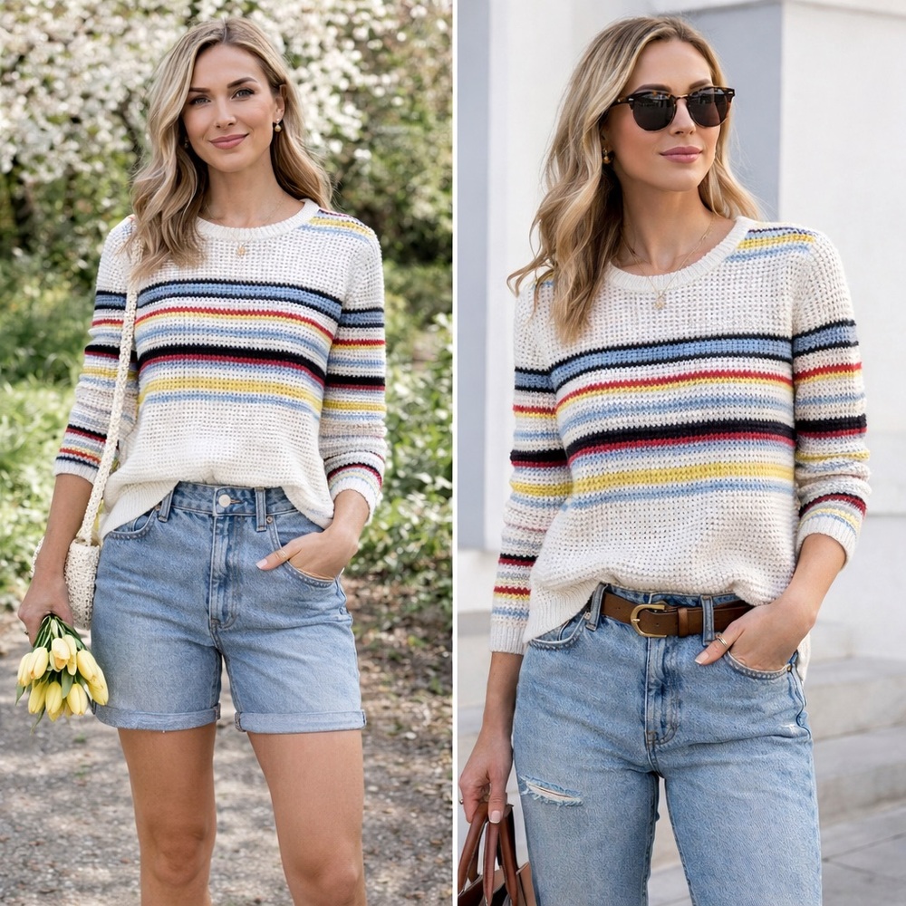 Olive & Oak Cream Knit Crewneck Sweater with Multicolor Stripes
01-0033